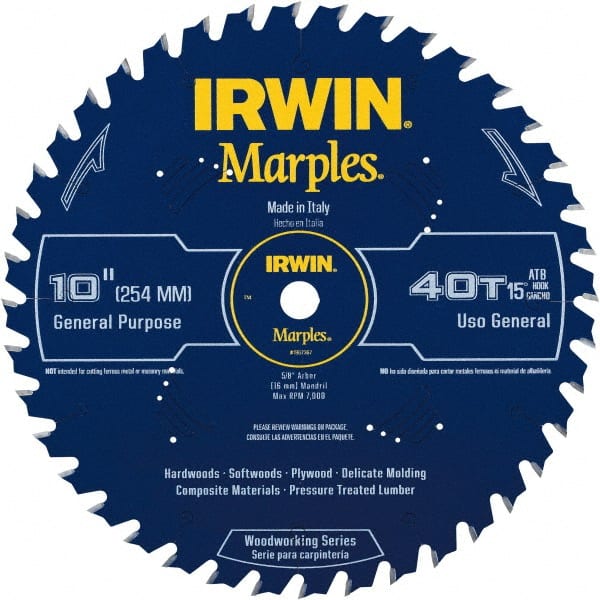 Irwin Blades - 10" Diam, 5/8" Arbor Hole Diam, 40 Tooth Wet & Dry Cut Saw Blade - Carbide-Tipped, Finishing Action, Standard Round Arbor - Exact Tooling