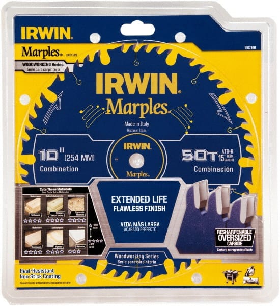 Irwin Blades - 10" Diam, 5/8" Arbor Hole Diam, 50 Tooth Wet & Dry Cut Saw Blade - Carbide-Tipped, Finishing Action, Standard Round Arbor - Exact Tooling