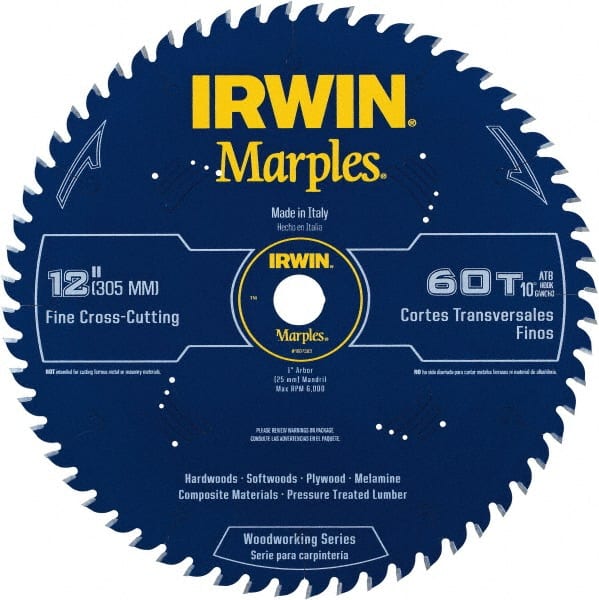Irwin - 12" Diam, 1" Arbor Hole Diam, 60 Tooth Wet & Dry Cut Saw Blade - Carbide-Tipped, Finishing Action, Standard Round Arbor - Exact Tooling