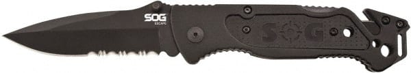 SOG Specialty Knives - 3-13/32" Blade, 8.2" OAL, Partially Serrated Clip Point Folding Knife - 4.8" Closed Length, Plastic, 1 Blade, 1 Edge - Exact Tooling