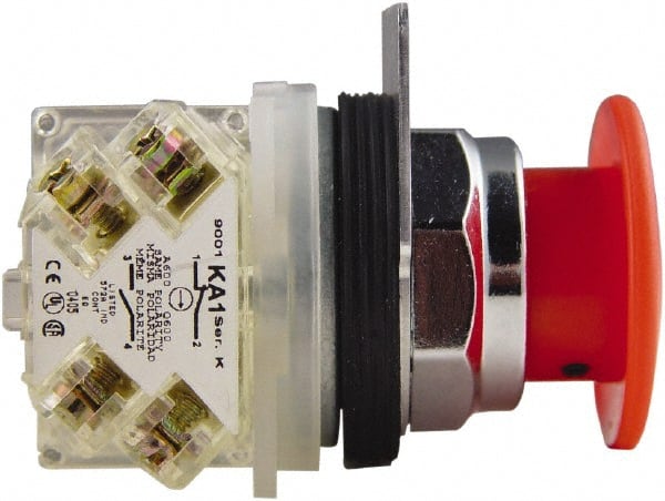 Schneider Electric - 30mm Mount Hole, Extended Mushroom Head, Pushbutton Switch with Contact Block - Round, Red Pushbutton, Maintained (MA) - Exact Tooling