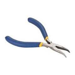 Irwin - 5" OAL, 1-1/4" Jaw Length x 9/16" Jaw Width, Long Nose Needle Nose Pliers - Serrated Jaw, Curved Head, Dipped Vinyl Handles, with Spring - Exact Tooling