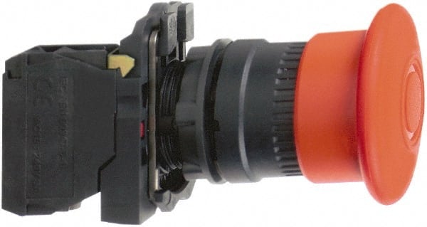 Schneider Electric - 22mm Mount Hole, Extended Mushroom Head, Pushbutton Switch with Contact Block - Round, Red Pushbutton, Maintained (MA), Momentary (MO) - Exact Tooling