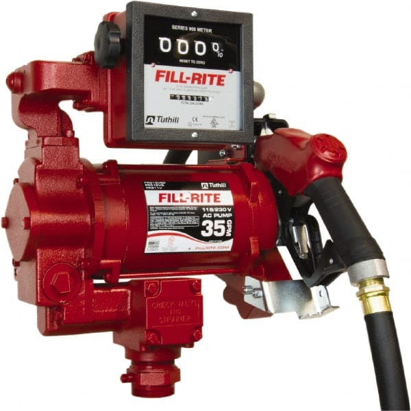 Tuthill - 35 GPM, 1" Hose Diam, Gasoline, Kerosene & Diesel Fuel AC High Flow Tank Pump with Auto Nozzle & 901 Meter - Cast Iron Pump, 1-1/4" Inlet, 1" Outlet, 115/230 Volts, 18' Hose Length, 3/4 hp - Exact Tooling