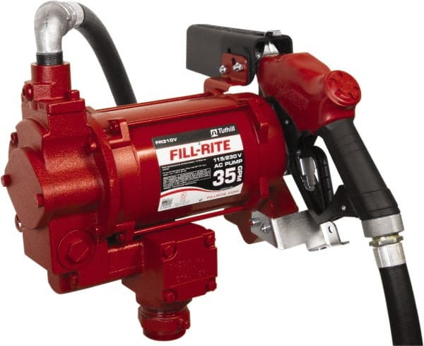 Tuthill - 35 GPM, 1" Hose Diam, Gasoline, Kerosene & Diesel Fuel AC High Flow Tank Pump with Auto Nozzle - Cast Iron Pump, 1-1/4" Inlet, 1" Outlet, 115/230 Volts, 18' Hose Length, 3/4 hp - Exact Tooling
