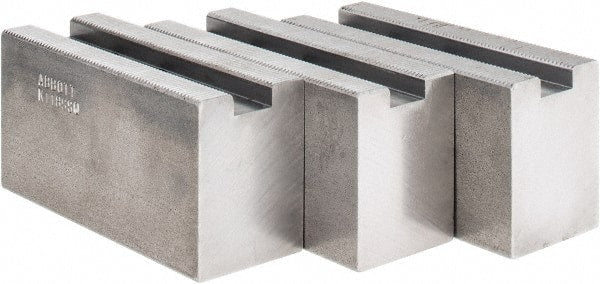 Abbott Workholding Products - 1.5mm x 60° Serrated Attachment, Square Soft Lathe Chuck Jaw - 3 Jaws, Steel, 63/64" Btw Mount Hole Ctrs, 4" Long x 1-1/2" Wide x 2" High, 0.5512" Groove, 0.4724" & 12mm Fastener - Exact Tooling