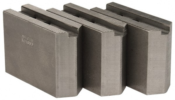 Abbott Workholding Products - 1.5mm x 60° Serrated Attachment, Square Soft Lathe Chuck Jaw - 3 Jaws, Steel, 63/64" Btw Mount Hole Ctrs, 4" Long x 1-1/2" Wide x 3" High, 0.5512" Groove, 0.4724" & 12mm Fastener - Exact Tooling