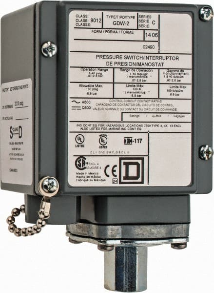 Square D - 4, 13 and 4X NEMA Rated, SPDT-DB, 1 to 40 psig, Electromechanical Pressure and Level Switch - Exact Tooling