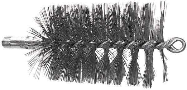 Schaefer Brush - 4-1/2" Brush Length, 2-3/4" Diam, Double Stem, Single Spiral Tube Brush - 7-1/4" Long, Stainless Steel, 1/4" NPSM Male Connection - Exact Tooling