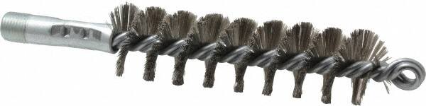 Schaefer Brush - 4-1/2" Brush Length, 1-1/4" Diam, Double Stem, Single Spiral Tube Brush - 7-1/4" Long, Stainless Steel, 1/4" NPSM Male Connection - Exact Tooling