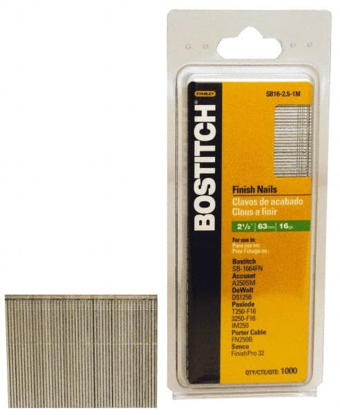 Stanley Bostitch - 16 Gauge 2-1/2" Long Finishing Nails for Power Nailers - Steel, Galvanized Finish, Straight Stick Collation, Chisel Point - Exact Tooling