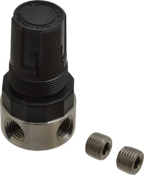 Parker - 1/4 NPT Port, 12 CFM, Stainless Steel Miniature Regulator - 0 to 125 psi Range, 300 Max psi Supply Pressure, 1/4" Gauge Port Thread, 1.56" Wide x 3.06" High - Exact Tooling