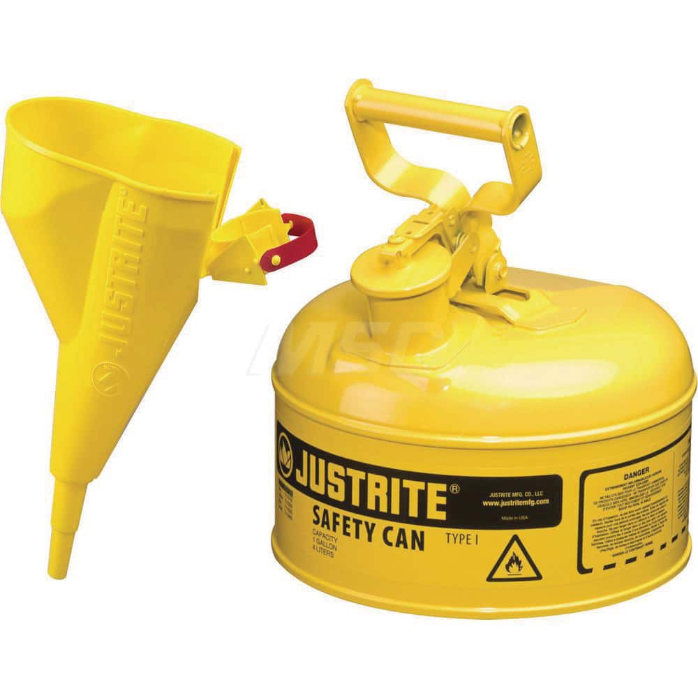 Justrite - Safety Dispensing Cans; Capacity: 1 Gal. ; Material: Steel ; Color: Yellow ; Height (Decimal Inch): 11.000000 ; Diameter/Length (mm): 9.50 ; Approval Listing/Regulations: FM Approved; UL; ULC; TUV - Exact Tooling