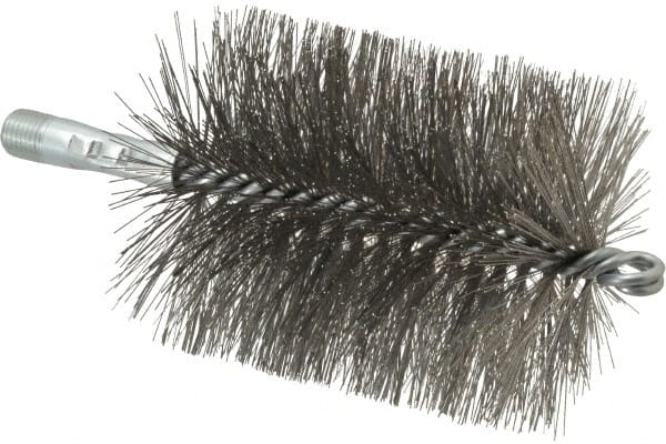 Schaefer Brush - 4-1/2" Brush Length, 3-1/2" Diam, Double Stem, Double Spiral Tube Brush - 7-1/4" Long, Stainless Steel, 1/4" NPSM Male Connection - Exact Tooling