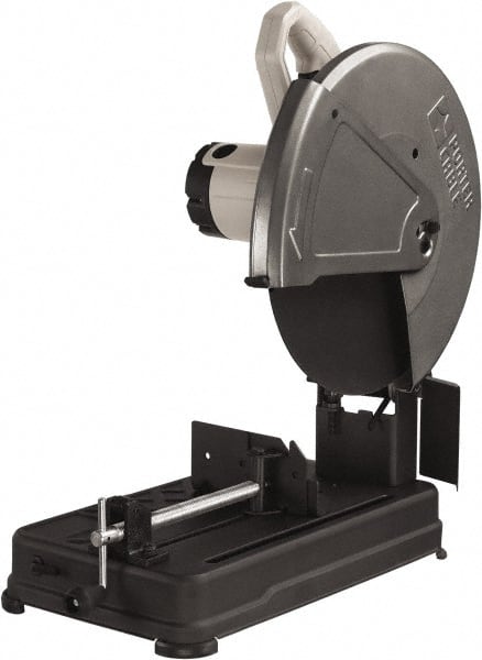 Porter-Cable - 14" Blade Diam, 1" Arbor Hole, Straight Chop & Cutoff Saw - 1 Phase, 3,800 RPM, 4 hp, 120 Volts, 4-1/2" in Solids at 90°, 4-7/8" in Pipe at 90°, 3-13/16" in Solids at 45°, 4-1/2" in Pipe at 45° - Exact Tooling