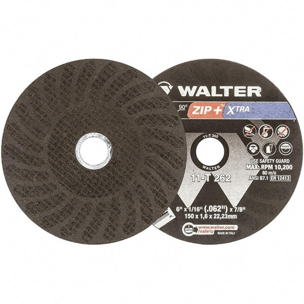 WALTER Surface Technologies - 6" 46 Grit Aluminum Oxide Cutoff Wheel - 1/16" Thick, 7/8" Arbor, 10,200 Max RPM, Use with Angle Grinders - Exact Tooling