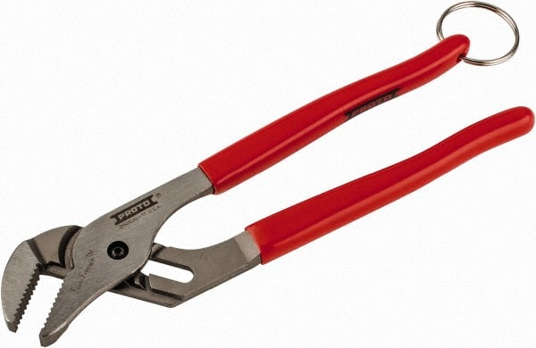 Proto - 10" OAL, 1-19/32" Jaw Width, 6 Position Tethered Tongue & Groove Pliers - V-Jaws, Vinyl Handles - Exact Tooling