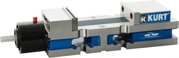 Kurt - 4" Jaw Width, 6" Jaw Opening Capacity, Horizontal Stationary Machine Vise - Reverse Hydraulic Operation, 7,800 Lb Capacity, 1 Station, 13.985" Long x 3.4900" High x 1-15/64" Deep, 1.235" Jaw Height, Ductile Iron - Exact Tooling