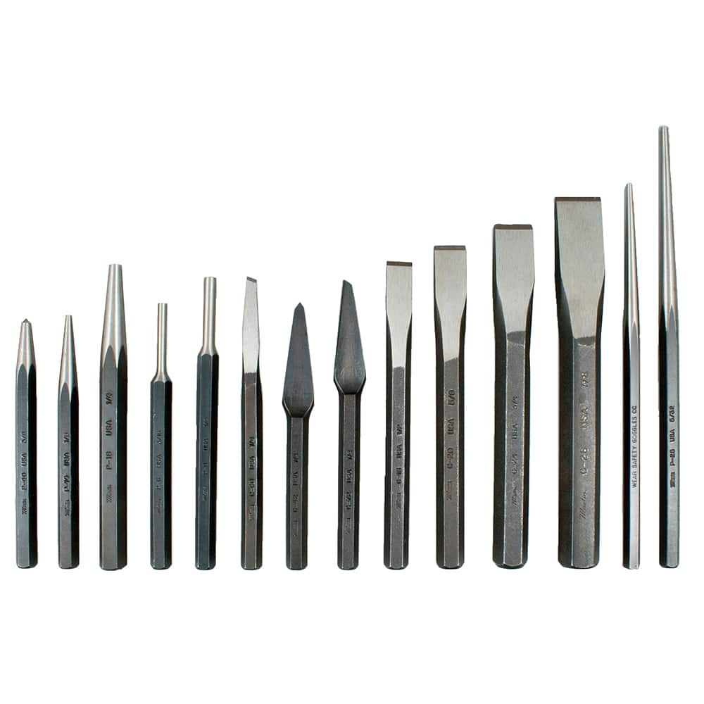 Martin Tools - Chisel & Punch Sets; Type: Punch & Chisel Set ; Number of Pieces: 14.000 ; Style: Cape Chisel; Cold Chisel; Diamond Point Chisel; Half-Round Chisel; Center Punch; Drift Punch; Long Taper Punch; Solid Punch; Pin Punch ; Set Contents: Cape, - Exact Tooling