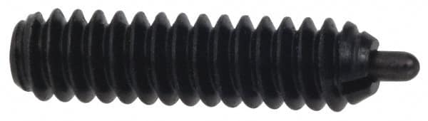 Vlier - 6-32, 17/32" Thread Length, 1/16" Plunger Projection, Steel Threaded Spring Plunger - 0.044 - 0.045" Max Plunger Diam, 17/32" Plunger Length, 1.5 Lb Init End Force, 4.5 Lb Final End Force - Exact Tooling
