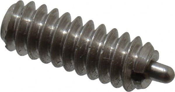 Vlier - 6-32, 3/8" Thread Length, 1/16" Plunger Projection, Stainless Steel Threaded Spring Plunger - 0.044 - 0.045" Max Plunger Diam, 3/8" Plunger Length, 1 Lb Init End Force, 1.6 Lb Final End Force - Exact Tooling