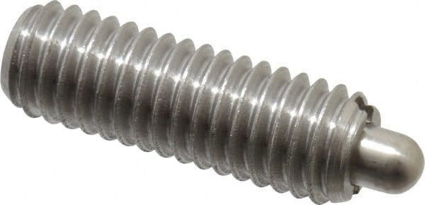 Vlier - 3/8-16, 1-1/8" Thread Length, 3/16" Plunger Projection, Stainless Steel Threaded Spring Plunger - 0.186 - 3/16" Max Plunger Diam, 1-1/8" Plunger Length, 2.8 Lb Init End Force, 7.2 Lb Final End Force - Exact Tooling