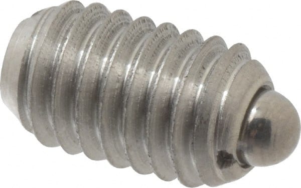 Vlier - 3/8-16, 5/8" Thread Length, 0.11" Plunger Projection, Stainless Steel Threaded Spring Plunger - 0.186" Max Plunger Diam, 0.625" Plunger Length, 1.5 Lb Init End Force, 5 Lb Final End Force - Exact Tooling