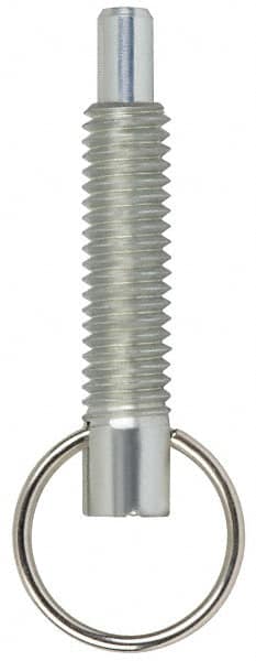 Vlier - M12x1.75, 1.4" Thread Length, 8mm Plunger Diam, 12.7mm Plunger Projection, 11 N Init to 22 N Final End Force, Stainless Steel Locking Pull Ring Plunger - Exact Tooling