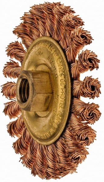 Ampco - 4" OD, 5/8-11 Arbor Hole, Knotted Phosphorus Bronze Alloy Wheel Brush - 3/8" Face Width, 9/16" Trim Length, 20,000 RPM - Exact Tooling