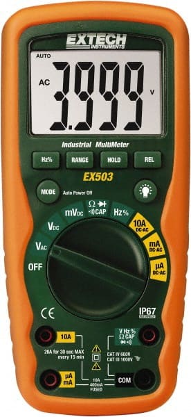 Extech - EX503, CAT IV, 1,000 VAC/VDC, Digital Auto Ranging Average Responding Manual Ranging Multimeter - 40 mOhm, Measures Voltage, Capacitance, Current, Frequency, Resistance - Exact Tooling