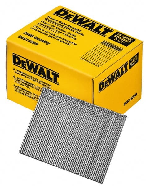DeWALT - 16 Gauge 2-1/2" Long Finishing Nails for Power Nailers - Grade 2 Steel, Galvanized Finish, Straight Stick Collation - Exact Tooling
