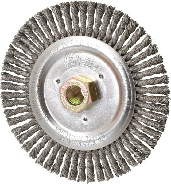 Weiler - 6" OD, 5/8" Arbor Hole, Stringer Bead Steel Wheel Brush - 1/2" Face Width, 1-1/4" Trim Length, 0.023" Filament Diam, 12,500 RPM - Exact Tooling