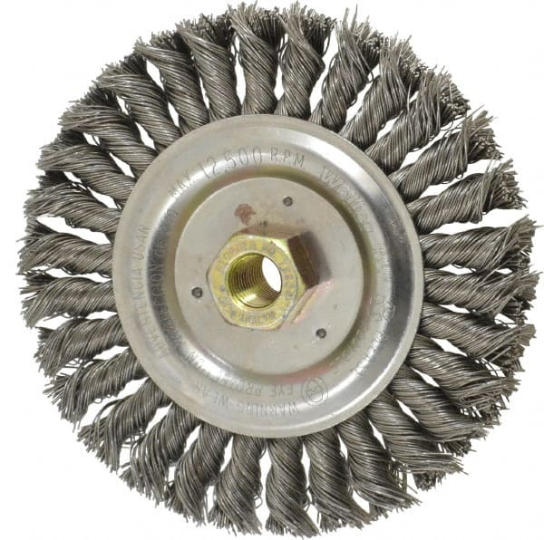 Weiler - 6" OD, 5/8" Arbor Hole, Stringer Bead Steel Wheel Brush - 1/2" Face Width, 1-1/8" Trim Length, 0.02" Filament Diam, 12,500 RPM - Exact Tooling
