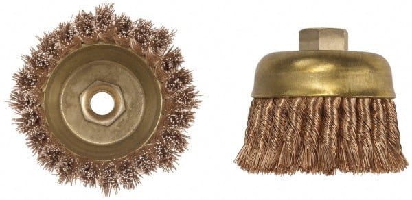 Ampco - 4" Diam, 5/8-11 Threaded Arbor, Bronze Phosphorus Fill Cup Brush - 0.02 Wire Diam, 1-1/2" Trim Length, 7,000 Max RPM - Exact Tooling