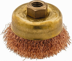 Ampco - 3" Diam, 5/8-11 Threaded Arbor, Bronze Phosphorus Fill Cup Brush - 0.014 Wire Diam, 0.88" Trim Length, 12,500 Max RPM - Exact Tooling