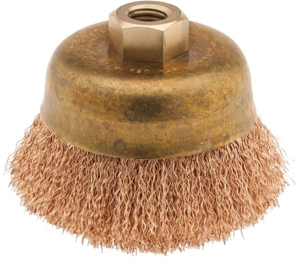 Ampco - 4" Diam, 5/8-11 Threaded Arbor, Bronze Phosphorus Fill Cup Brush - 0.014 Wire Diam, 1-1/2" Trim Length, 8,000 Max RPM - Exact Tooling