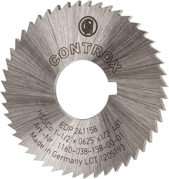 Controx - 1-1/2" Diam x 1/16" Blade Thickness x 1/2" Arbor Hole Diam, 48 Tooth Slitting and Slotting Saw - Arbor Connection, Right Hand, Uncoated, Cobalt, Concave Ground, Contains Keyway - Exact Tooling