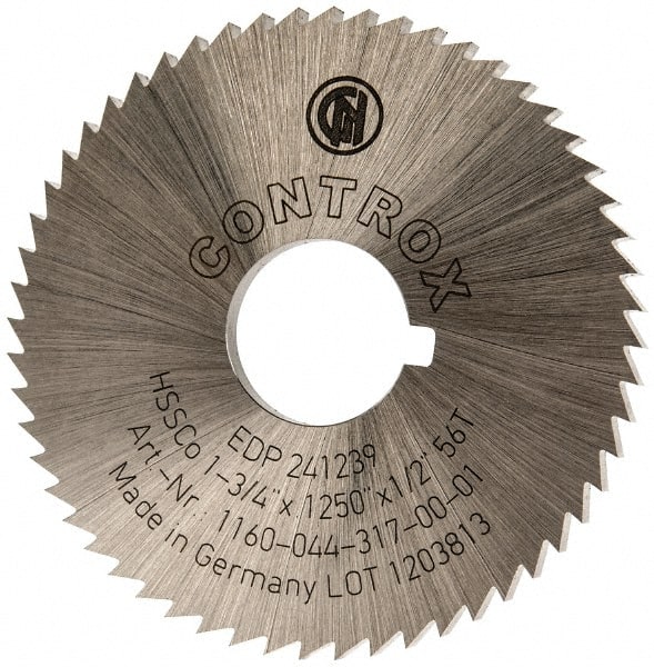 Controx - 1-3/4" Diam x 1/8" Blade Thickness x 1/2" Arbor Hole Diam, 56 Tooth Slitting and Slotting Saw - Arbor Connection, Right Hand, Uncoated, Cobalt, Concave Ground, Contains Keyway - Exact Tooling