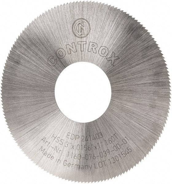 Controx - 3" Diam x 0.0156" Blade Thickness x 1" Arbor Hole Diam, 160 Tooth Slitting and Slotting Saw - Arbor Connection, Right Hand, Uncoated, High Speed Steel, Concave Ground - Exact Tooling