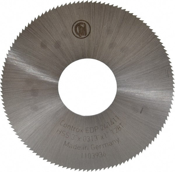 Controx - 3" Diam x 0.0313" Blade Thickness x 1" Arbor Hole Diam, 128 Tooth Slitting & Slotting Saw - Arbor Connection, Right Hand, Uncoated, M2 High Speed Steel, Concave Ground - Exact Tooling