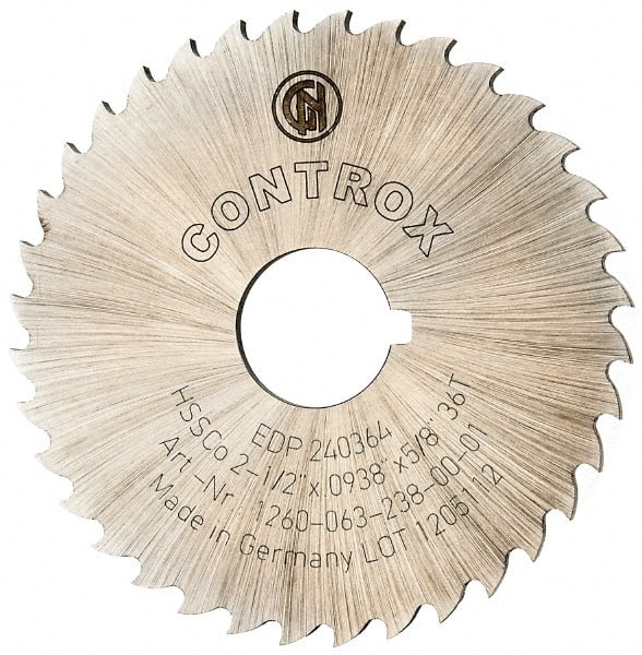 Controx - 2-1/2" Diam x 0.0938" Blade Thickness x 5/8" Arbor Hole Diam, 36 Tooth Slitting and Slotting Saw - Arbor Connection, Right Hand, Uncoated, Cobalt, 15° Rake, Concave Ground, Contains Keyway - Exact Tooling