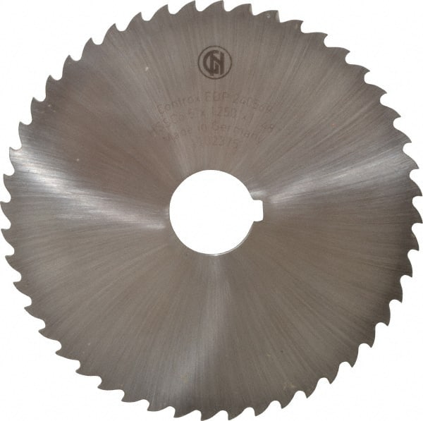 Controx - 5" Diam x 1/8" Blade Thickness x 1" Arbor Hole Diam, 48 Tooth Slitting and Slotting Saw - Arbor Connection, Right Hand, Uncoated, Cobalt, 15° Rake, Concave Ground, Contains Keyway - Exact Tooling
