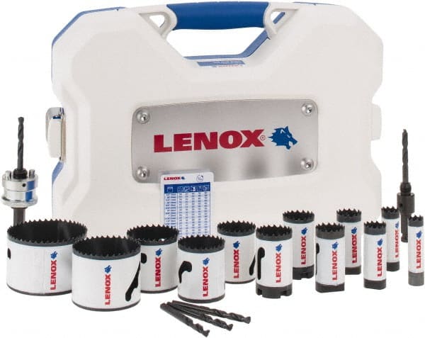 Lenox - 17 Piece, 5/8" to 3" Saw Diam, Contractor's Hole Saw Kit - Bi-Metal, Varied Toothing, Pilot Drill Model No. 4321, Includes 12 Hole Saws - Exact Tooling