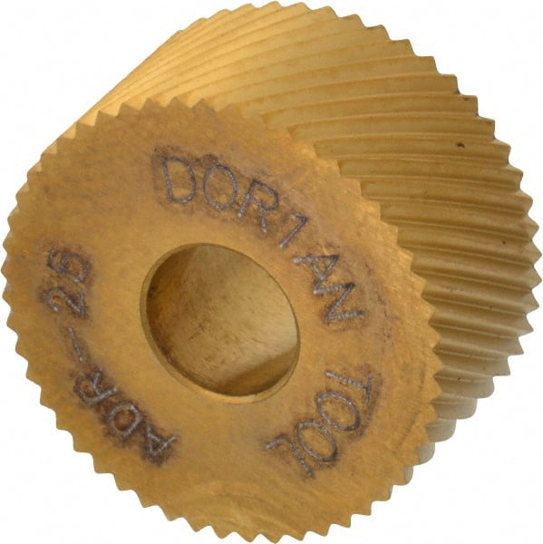 Dorian Tool - 3/4" Diam, 90° Tooth Angle, 25 TPI, Standard (Shape), Form Type High Speed Steel Right-Hand Diagonal Knurl Wheel - 3/8" Face Width, 1/4" Hole, Circular Pitch, 30° Helix, Bright Finish, Series A - Exact Tooling