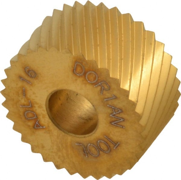 Dorian Tool - 3/4" Diam, 90° Tooth Angle, 16 TPI, Standard (Shape), Form Type High Speed Steel Left-Hand Diagonal Knurl Wheel - 3/8" Face Width, 1/4" Hole, Circular Pitch, 30° Helix, Bright Finish, Series A - Exact Tooling