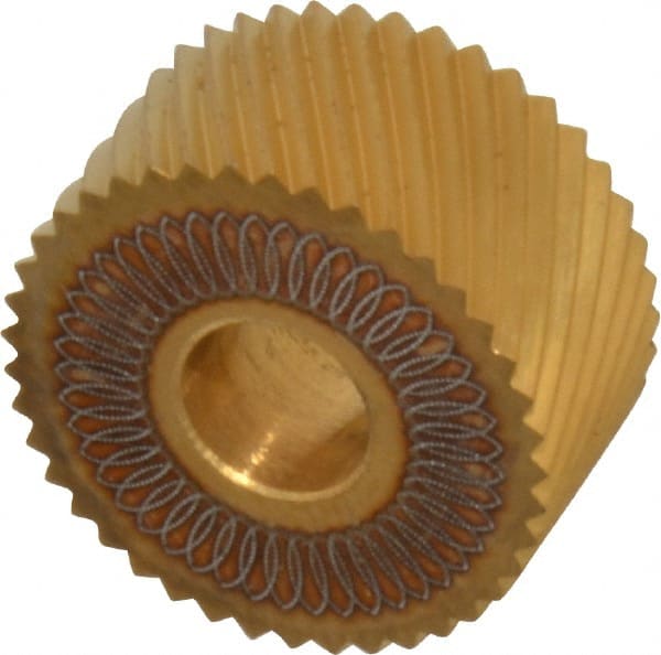 Dorian Tool - 3/4" Diam, 90° Tooth Angle, 20 TPI, Standard (Shape), Form Type High Speed Steel Left-Hand Diagonal Knurl Wheel - 3/8" Face Width, 1/4" Hole, Circular Pitch, 30° Helix, Bright Finish, Series A - Exact Tooling