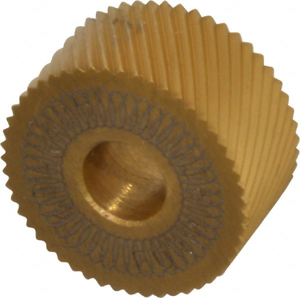 Dorian Tool - 3/4" Diam, 90° Tooth Angle, 25 TPI, Standard (Shape), Form Type High Speed Steel Left-Hand Diagonal Knurl Wheel - 3/8" Face Width, 1/4" Hole, Circular Pitch, 30° Helix, Bright Finish, Series A - Exact Tooling