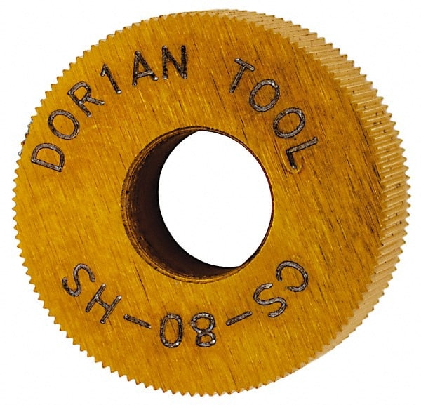 Dorian Tool - 1/2" Diam, 70° Tooth Angle, 80 TPI, Standard (Shape), Form Type High Speed Steel Straight Knurl Wheel - 3/16" Face Width, 3/16" Hole, Circular Pitch, Bright Finish, Series C - Exact Tooling