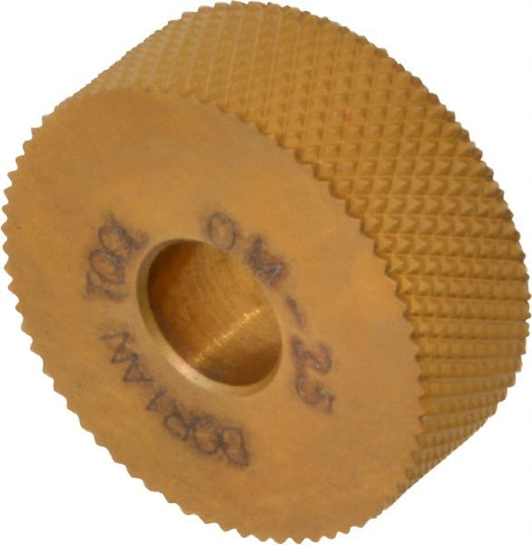 Dorian Tool - 1" Diam, 90° Tooth Angle, 25 TPI, Standard (Shape), Form Type High Speed Steel Male Diamond Knurl Wheel - 3/8" Face Width, 5/16" Hole, Circular Pitch, 30° Helix, Bright Finish, Series O - Exact Tooling