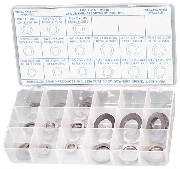 Precision Brand - 150 Piece, Steel Arbor Shim - 5/8 to 1-1/2 Inch Outside Diameter - Exact Tooling